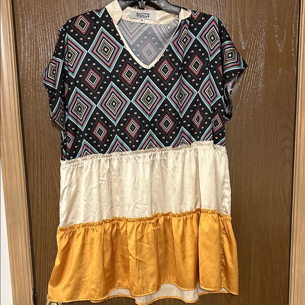 Rowdy crowd Boho Geometric V-Neck Blouse in Black, Cream, and Gold